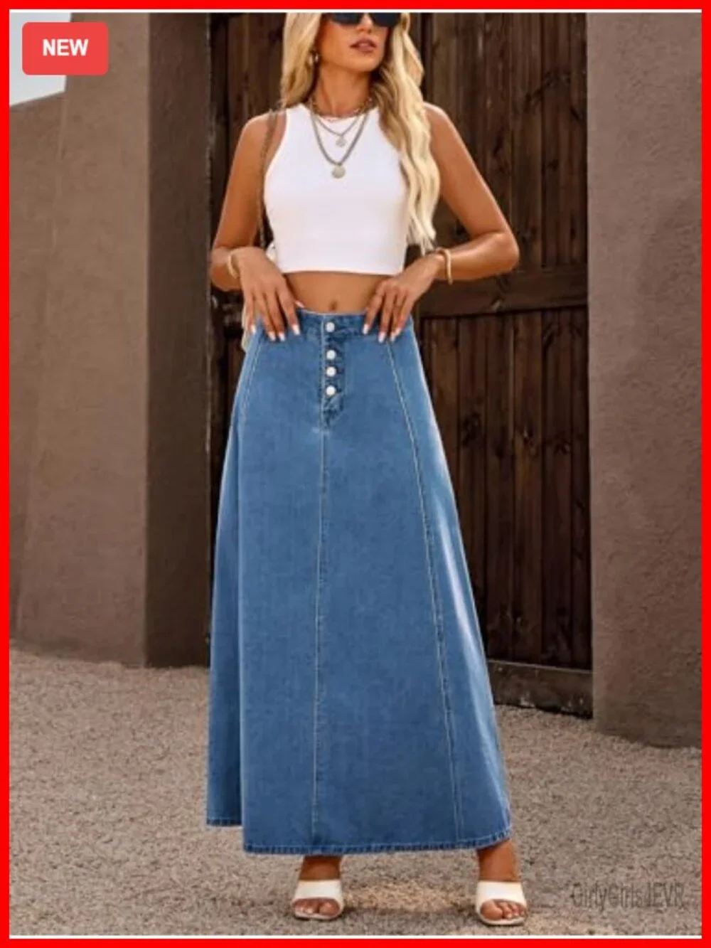 High Waist Denim Maxi Skirt A-Line Flare Stretch with Pockets